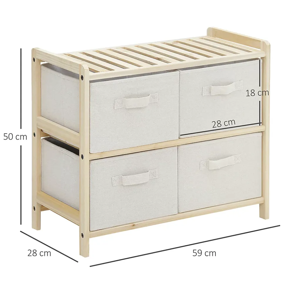 Commode 4 tiroirs tissu polyester beige dim. 59L x 28l x 50H cm bois sapin
