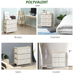 Commode 4 tiroirs tissu polyester beige dim. 59L x 28l x 50H cm bois sapin