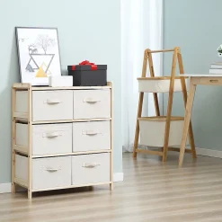Commode 6 tiroirs tissu polyester beige dim. 59L x 28l x 70H cm bois sapin