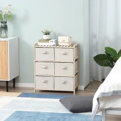 Commode 6 tiroirs tissu polyester beige dim. 59L x 28l x 70H cm bois sapin