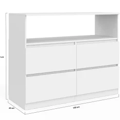 Commode 4 tiroirs TOMI 100 cm avec niche bois blanc