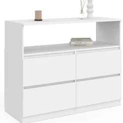 Commode 4 tiroirs TOMI 100 cm avec niche bois blanc