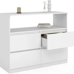 Commode 4 tiroirs TOMI 100 cm avec niche bois blanc