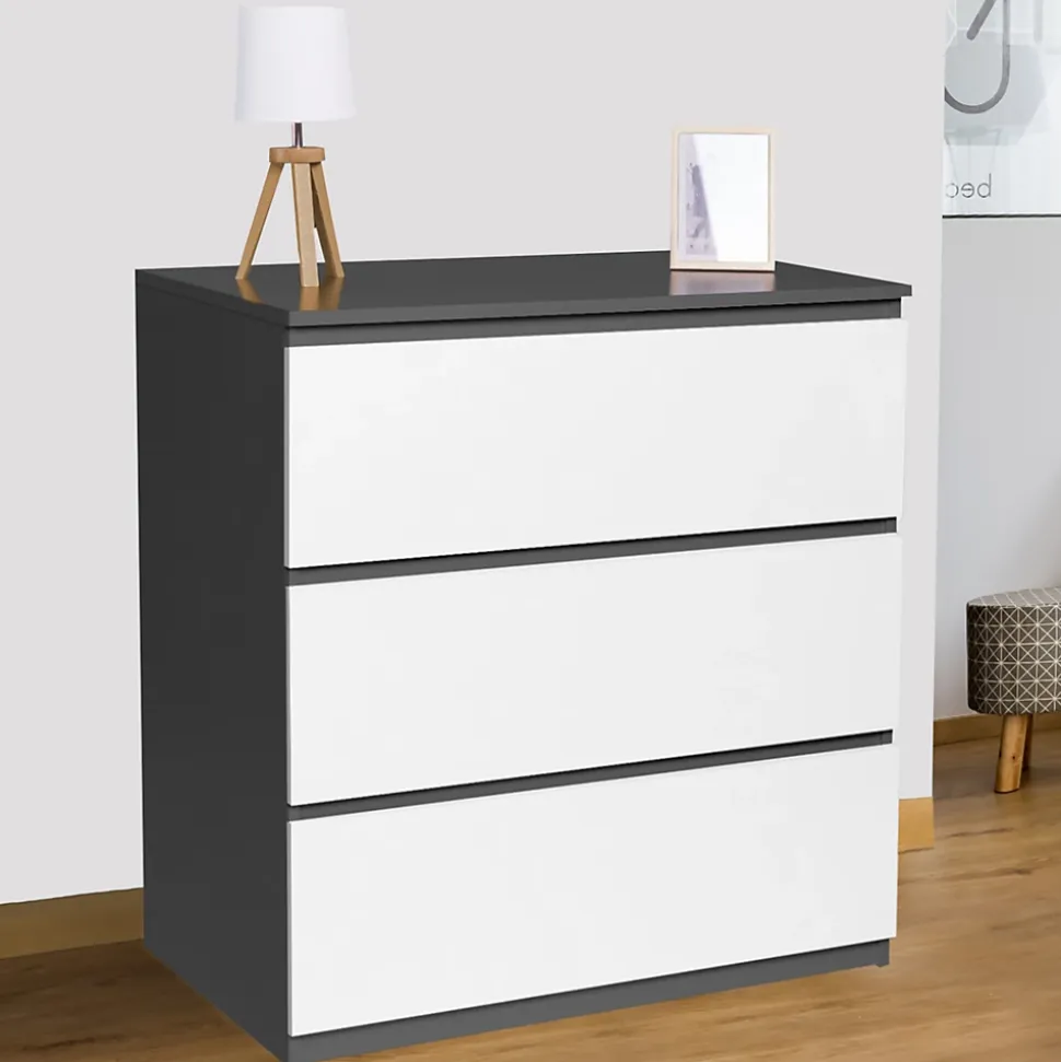 Commode 3 tiroirs TOMI 78 cm bois gris et blanc