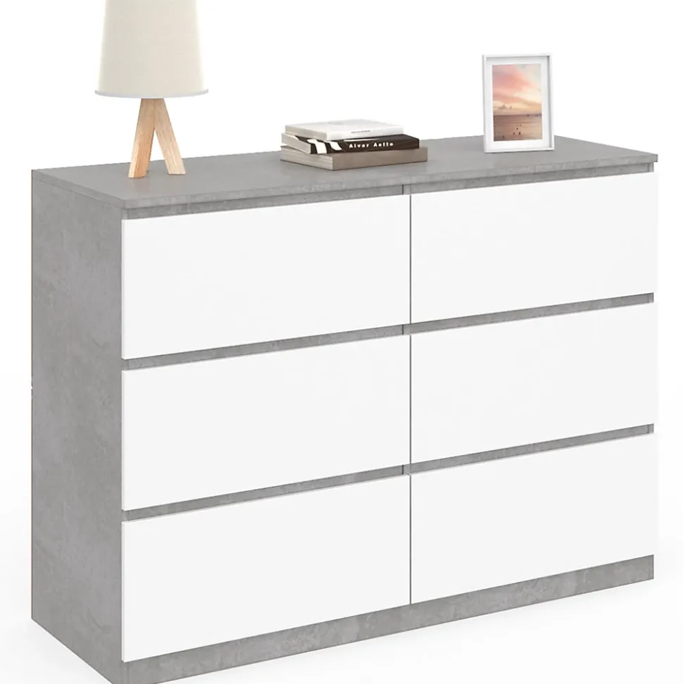 Commode 6 tiroirs TOMI 110 cm blanc et effet béton