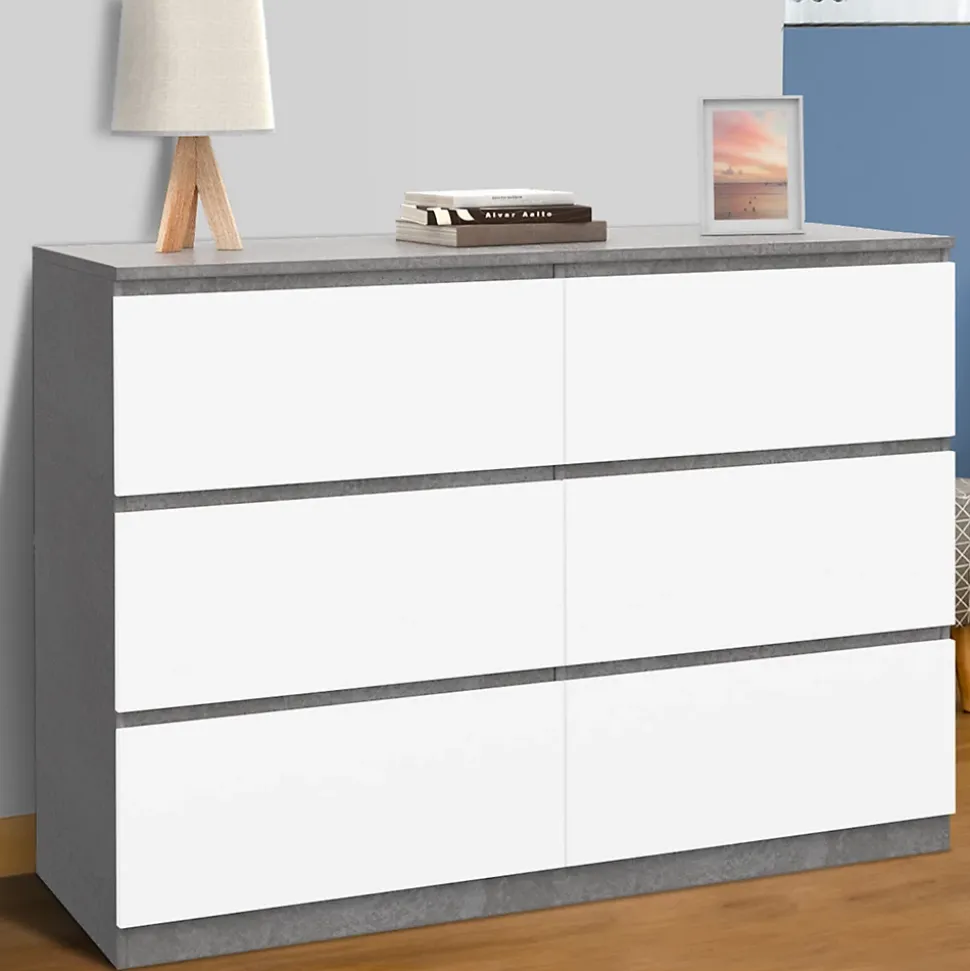 Commode 6 tiroirs TOMI 110 cm blanc et effet béton