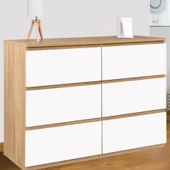 Commode 6 tiroirs TOMI 110 cm bois façon hêtre et blanc