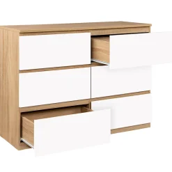 Commode 6 tiroirs TOMI 110 cm bois façon hêtre et blanc