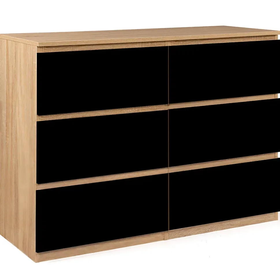Commode 6 tiroirs TOMI 110 cm bois façon hêtre et noir