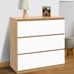 Commode 3 tiroirs TOMI 78 cm façon hêtre et blanc