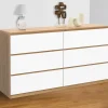 Commode 6 tiroirs TOMI XXL 140 cm bois façon hêtre et blanc