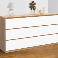Commode 6 tiroirs TOMI XXL 140 cm bois façon hêtre et blanc