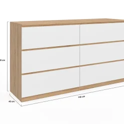 Commode 6 tiroirs TOMI XXL 140 cm bois façon hêtre et blanc