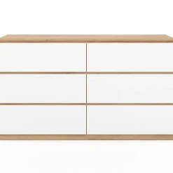 Commode 6 tiroirs TOMI XXL 140 cm bois façon hêtre et blanc
