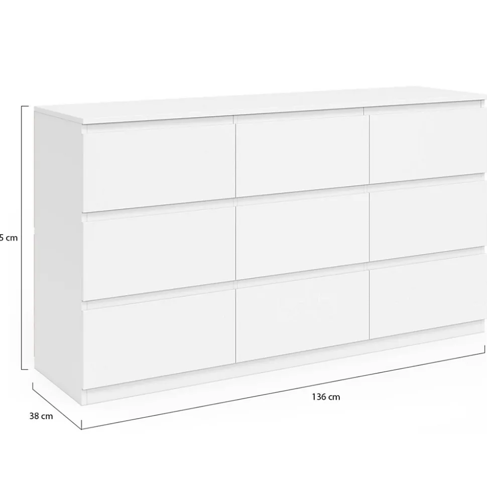 Commode 9 tiroirs TOMI XXL 136 cm bois blanc