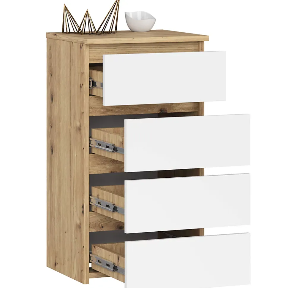 Commode AKORD CL4 Chêne Artisan 40 cm 4 tiroirs façade Blanche 40x35x74 cm