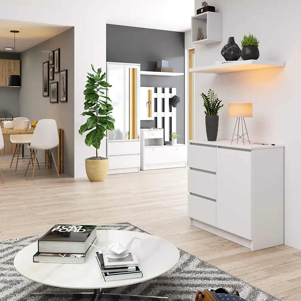 Commode AKORD JERRY Blanche 80 cm 1 porte 3 tiroirs façade Blanche 2 étagères 80x35x77 cm