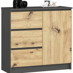 Commode AKORD JERRY Gris Graphite 80 cm 1 porte 3 tiroirs façade Chêne Artisan 2 étagères 80x35x77 cm