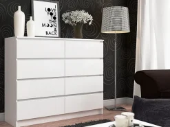 Commode AKORD K120 Blanche 120 cm 8 tiroirs façade Blanche 120x40x99 cm