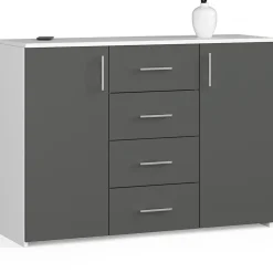 Commode AKORD K45 Blanche 110 cm 2 portes 4 tiroirs façade Gris Graphite 4 étagères 110x35x80 cm