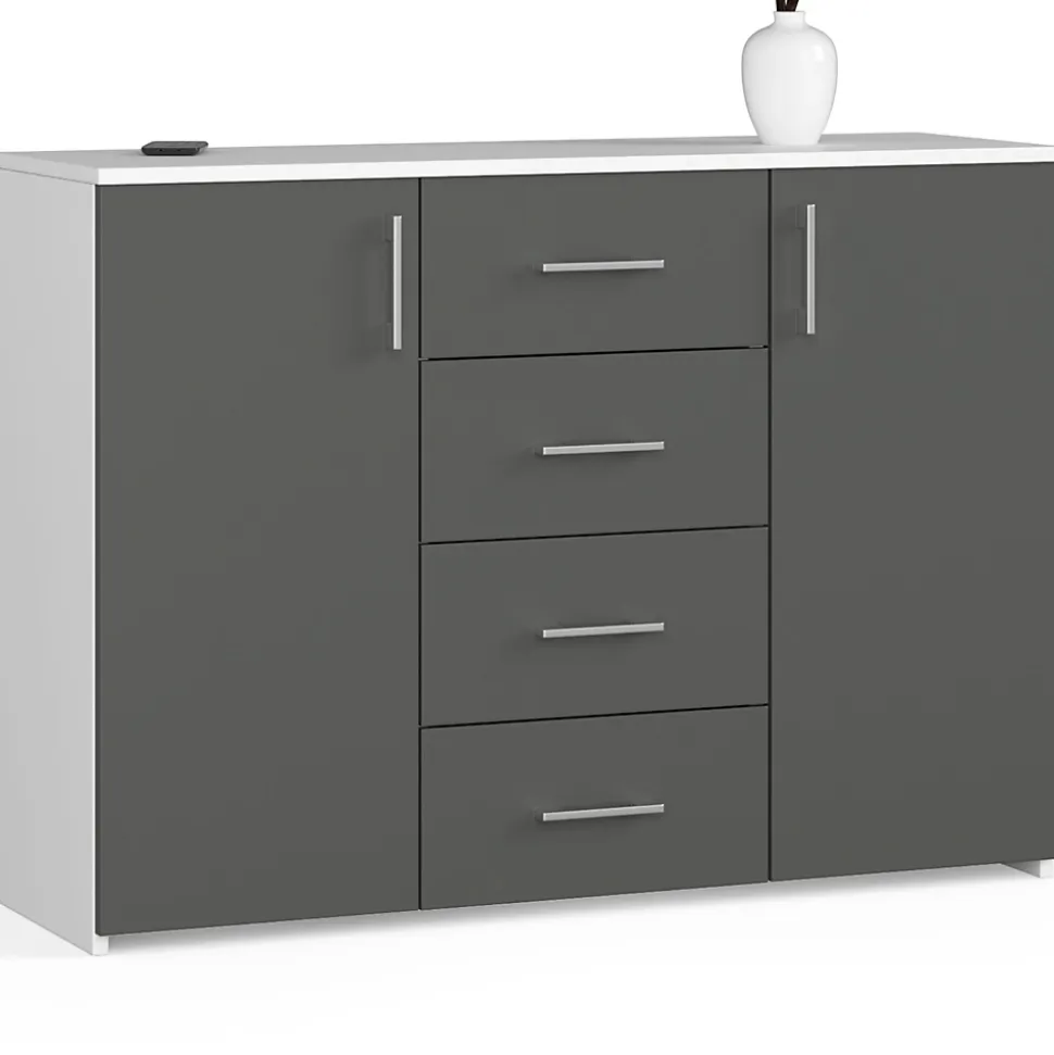Commode AKORD K45 Blanche 110 cm 2 portes 4 tiroirs façade Gris Graphite 4 étagères 110x35x80 cm