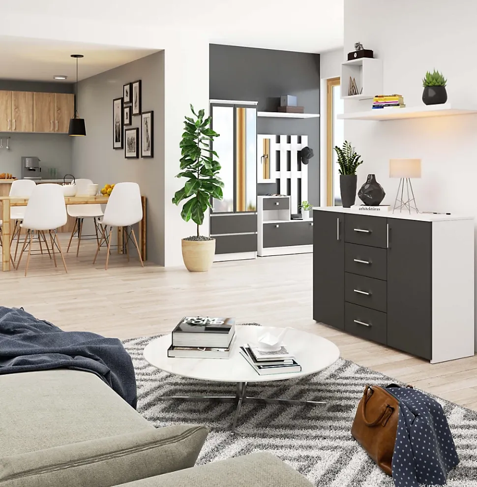 Commode AKORD K45 Blanche 110 cm 2 portes 4 tiroirs façade Gris Graphite 4 étagères 110x35x80 cm