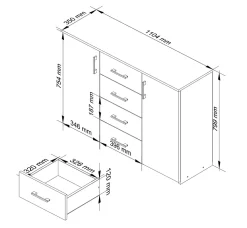 Commode AKORD K45 Blanche 110 cm 2 portes 4 tiroirs façade Gris Graphite 4 étagères 110x35x80 cm