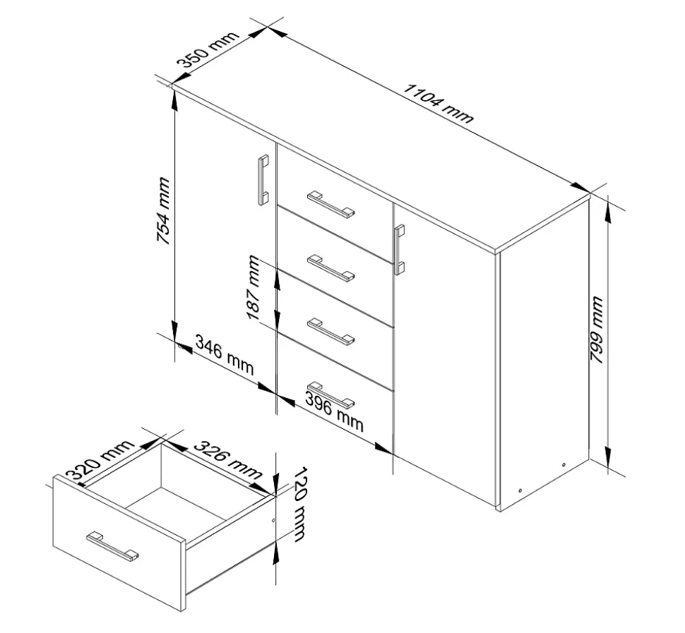 Commode AKORD K45 Blanche 110 cm 2 portes 4 tiroirs façade Gris Graphite 4 étagères 110x35x80 cm