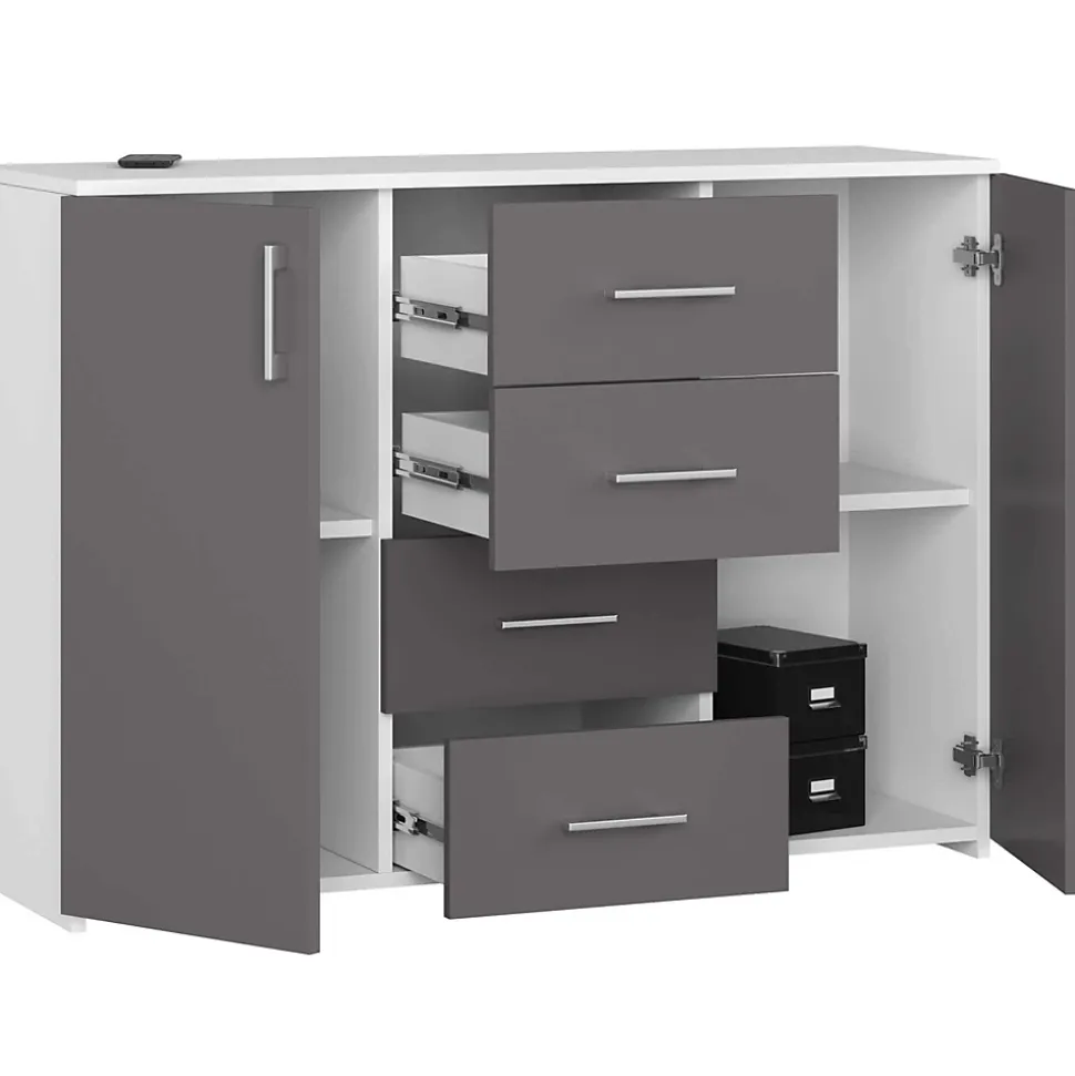 Commode AKORD K45 Blanche 110 cm 2 portes 4 tiroirs façade Gris Graphite 4 étagères 110x35x80 cm