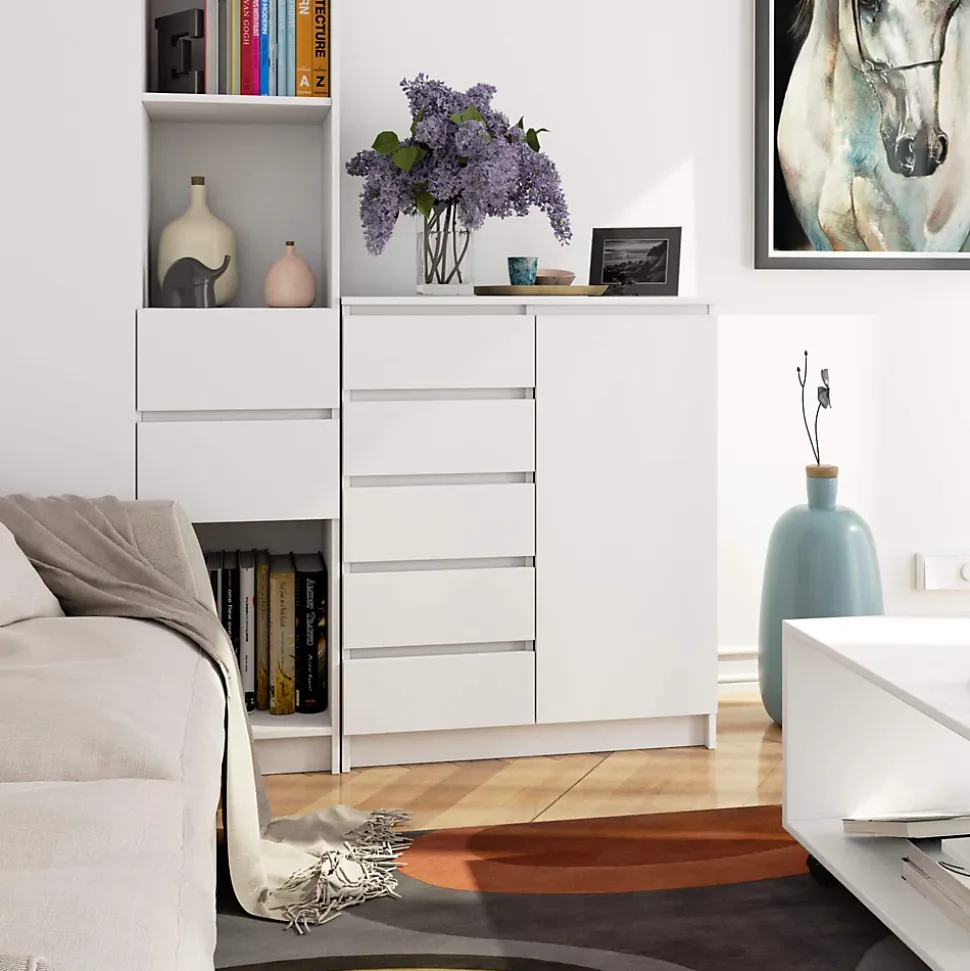 Commode AKORD K80 Blanche 80 cm 1 porte 5 tiroirs 3 étagères 80x35x97 cm