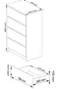 Commode AKORD K60 Blanche 60 cm 4 tiroirs façade Blanche 60x40x99 cm