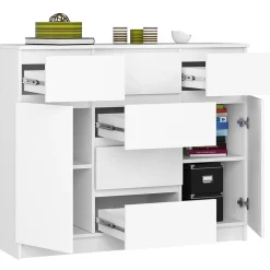 Commode AKORD K017 Blanche 120 cm 2 portes 6 tiroirs façade Blanche 4 étagères 120x40x99 cm