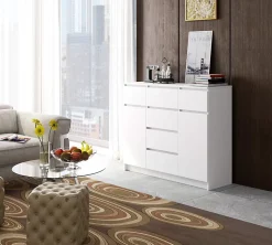 Commode AKORD K017 Blanche 120 cm 2 portes 6 tiroirs façade Blanche 4 étagères 120x40x99 cm