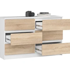 Commode AKORD K120 Blanche 120 cm 6 tiroirs façade Chêne Sonoma 120x40x77 cm
