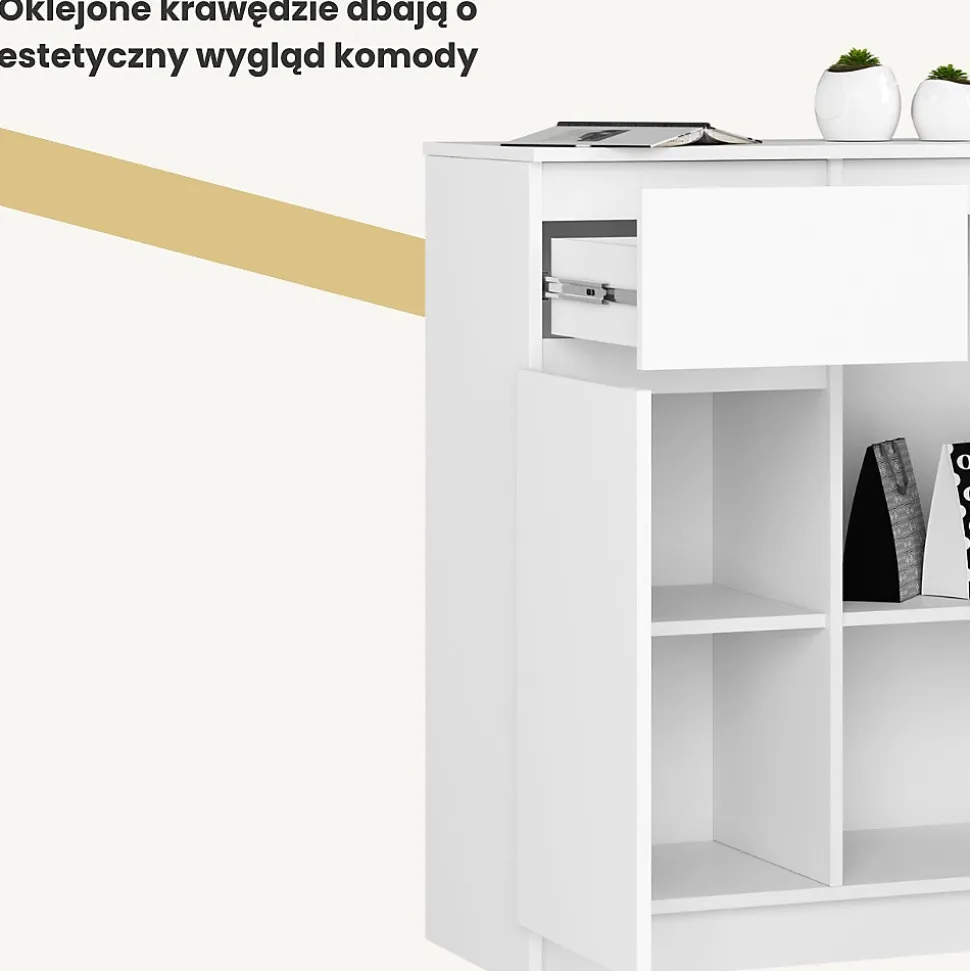 Commode AKORD K80 Blanche 80 cm 2 portes 1 tiroir façade Blanche 4 étagères 80x40x99 cm