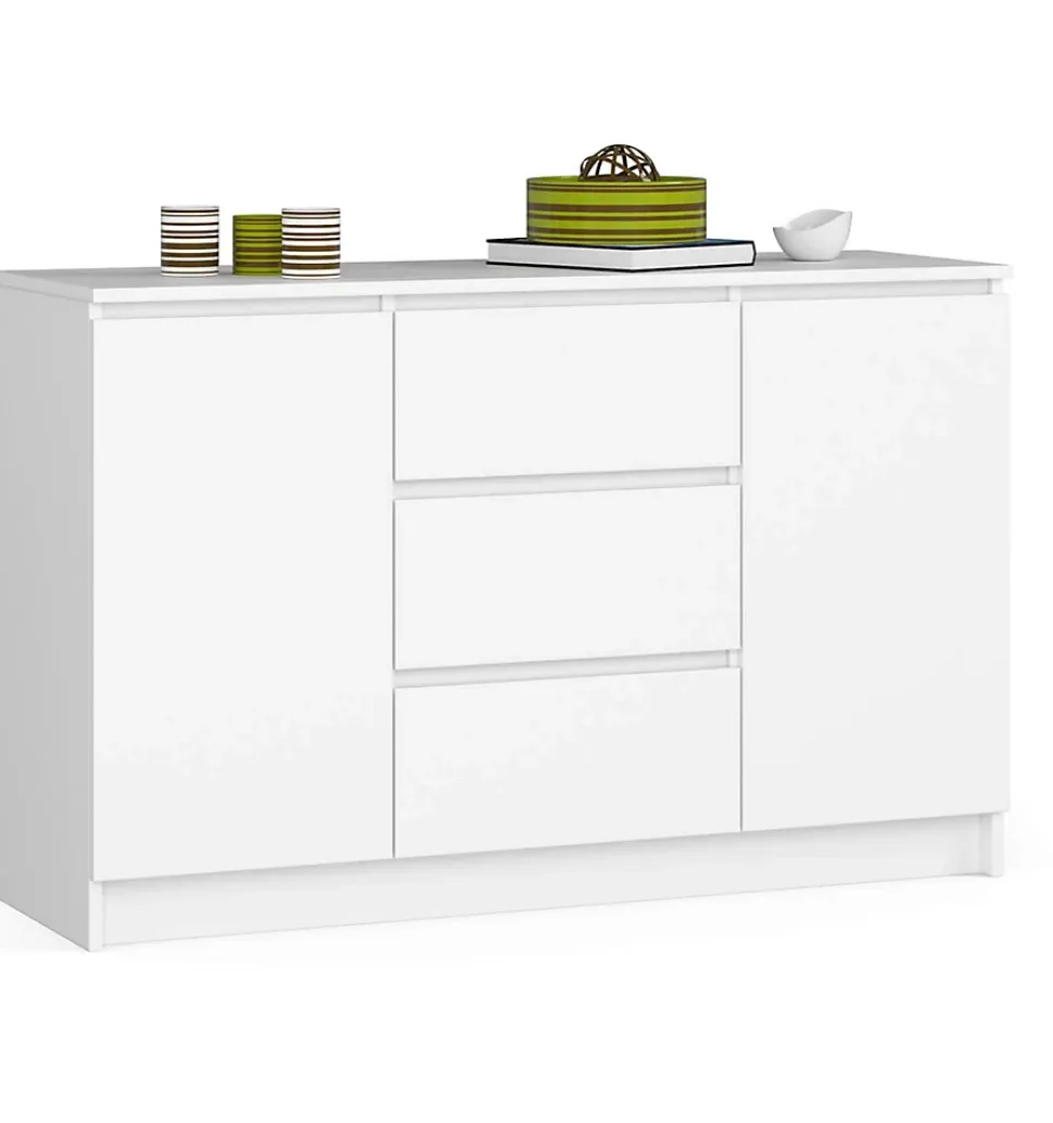 Commode AKORD K016 Blanche 120 cm 2 portes 3 tiroirs façade Blanche 4 étagères 120x40x77 cm