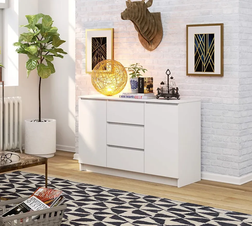 Commode AKORD K016 Blanche 120 cm 2 portes 3 tiroirs façade Blanche 4 étagères 120x40x77 cm