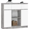 Commode AKORD K100 Béton 101 cm 2 portes 3 tiroirs façade Blanche 6 étagères 101x35x98 cm