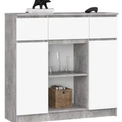 Commode AKORD K100 Béton 101 cm 2 portes 3 tiroirs façade Blanche 6 étagères 101x35x98 cm