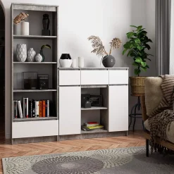 Commode AKORD K100 Béton 101 cm 2 portes 3 tiroirs façade Blanche 6 étagères 101x35x98 cm