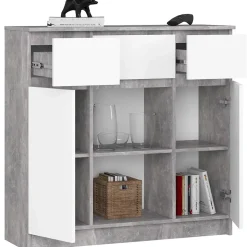 Commode AKORD K100 Béton 101 cm 2 portes 3 tiroirs façade Blanche 6 étagères 101x35x98 cm