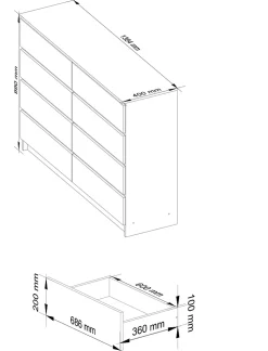 Commode AKORD K140 Chêne Artisan 138 cm 8 tiroirs façade Blanche 138x40x99 cm