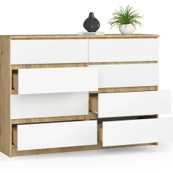 Commode AKORD K140 Chêne Artisan 138 cm 8 tiroirs façade Blanche 138x40x99 cm