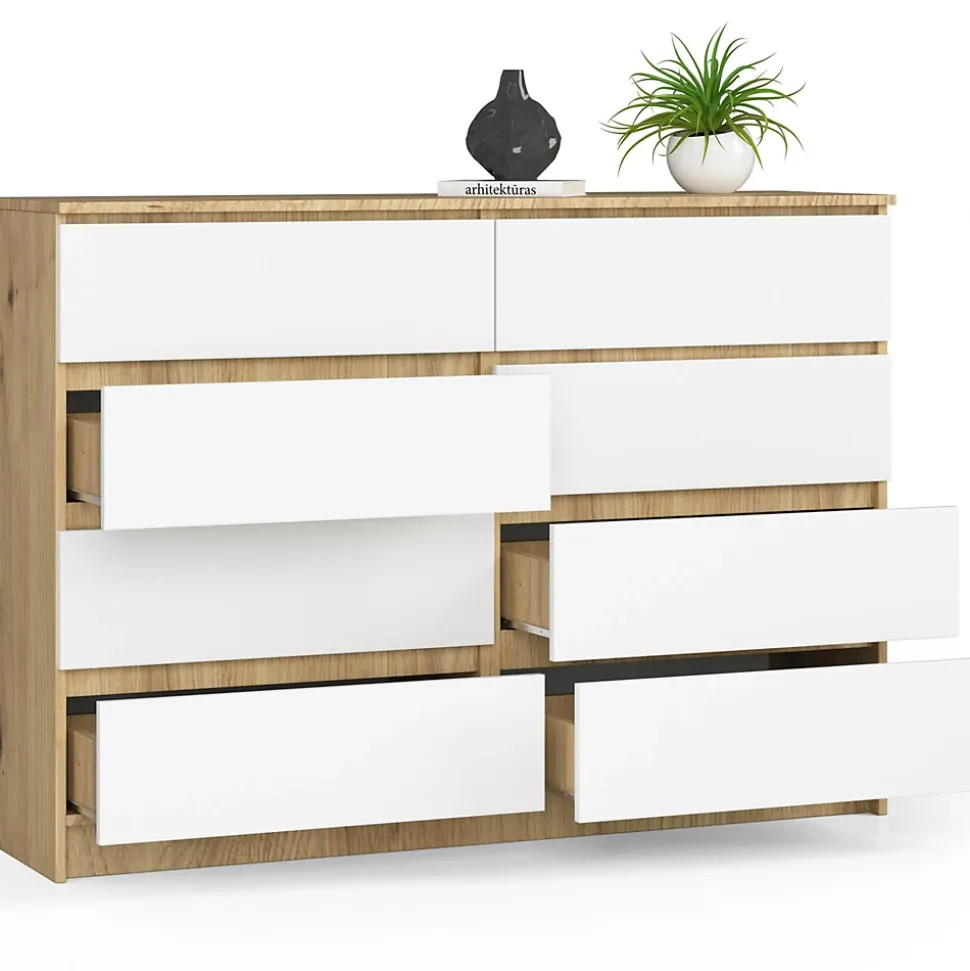 Commode AKORD K140 Chêne Artisan 138 cm 8 tiroirs façade Blanche 138x40x99 cm