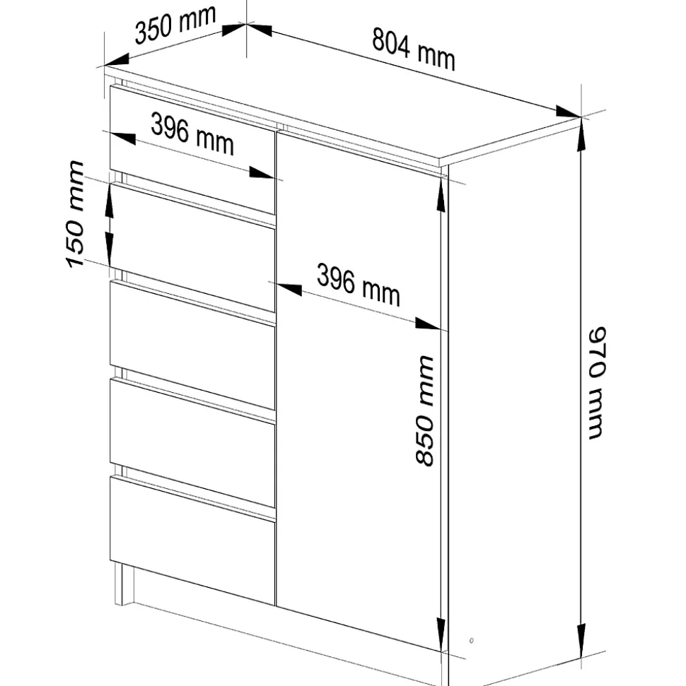 Commode AKORD K80 Chêne Artisan 80 cm 1 porte 5 tiroirs 3 étagères 80x35x97 cm