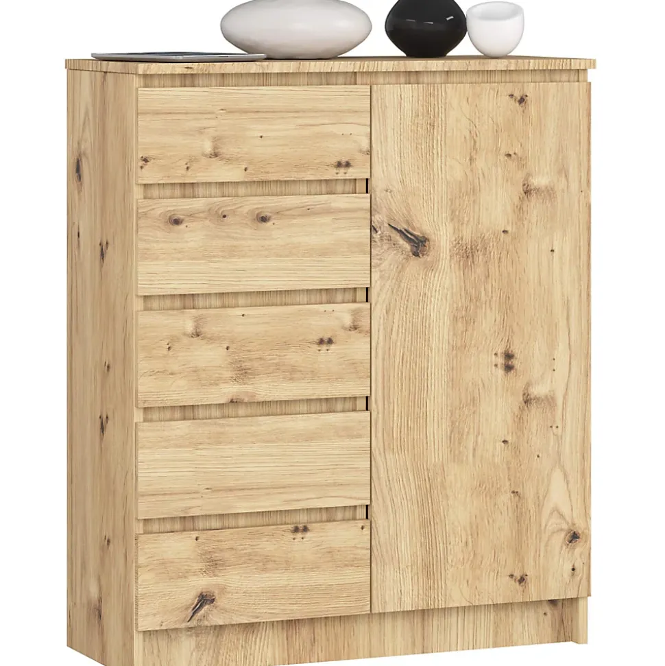 Commode AKORD K80 Chêne Artisan 80 cm 1 porte 5 tiroirs 3 étagères 80x35x97 cm