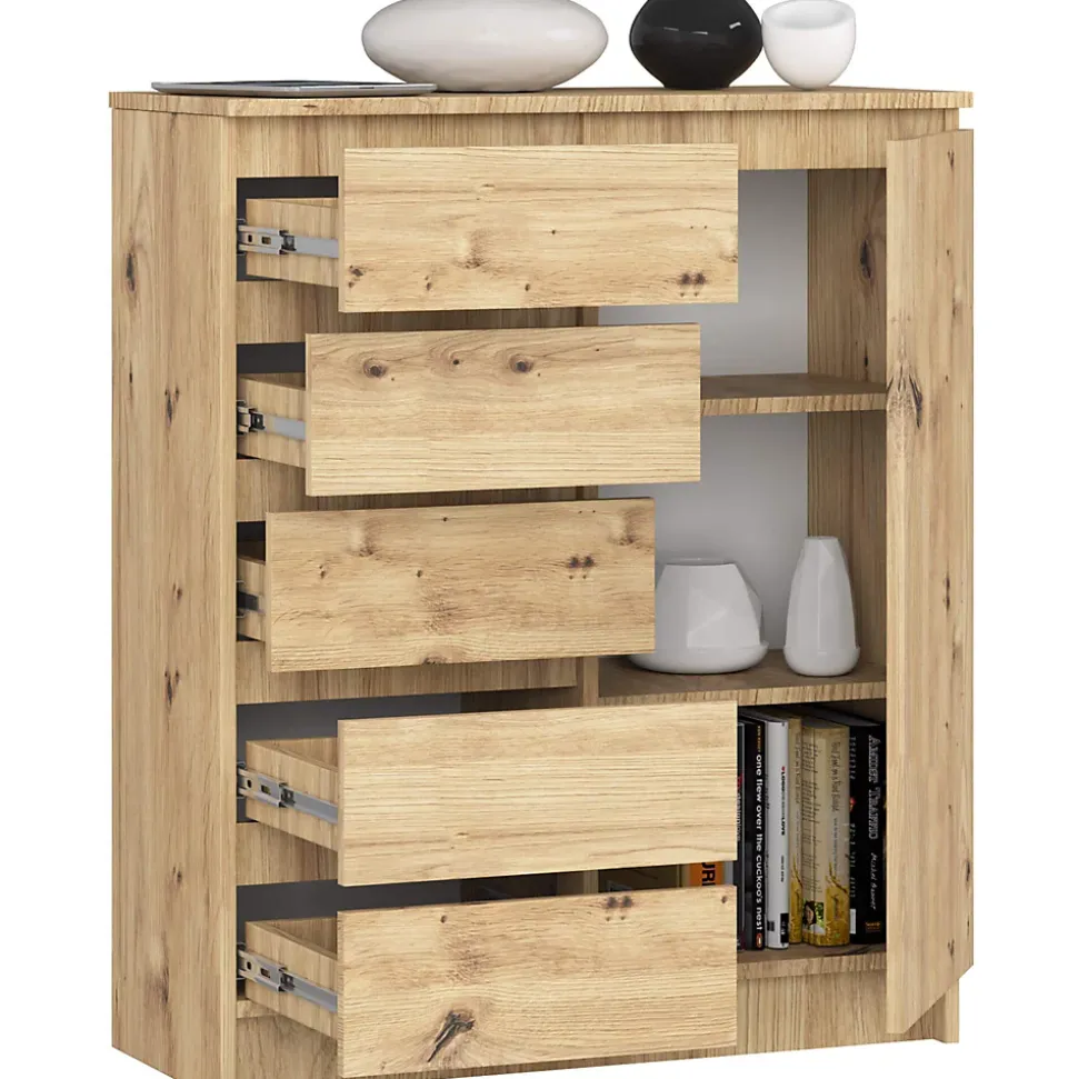 Commode AKORD K80 Chêne Artisan 80 cm 1 porte 5 tiroirs 3 étagères 80x35x97 cm