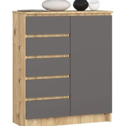Commode AKORD K80 Chêne Artisan 80 cm 1 porte 5 tiroirs façade Gris Graphite 3 étagères 80x35x97 cm