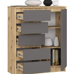 Commode AKORD K80 Chêne Artisan 80 cm 1 porte 5 tiroirs façade Gris Graphite 3 étagères 80x35x97 cm
