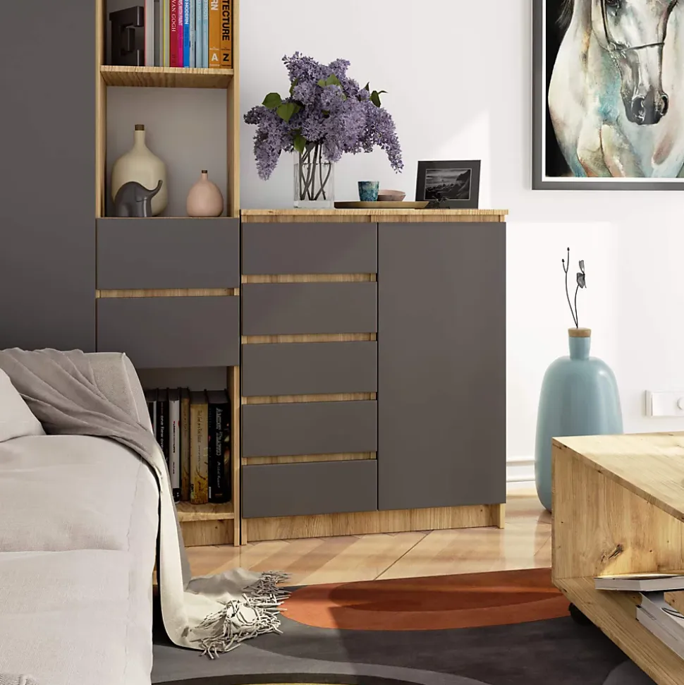 Commode AKORD K80 Chêne Artisan 80 cm 1 porte 5 tiroirs façade Gris Graphite 3 étagères 80x35x97 cm